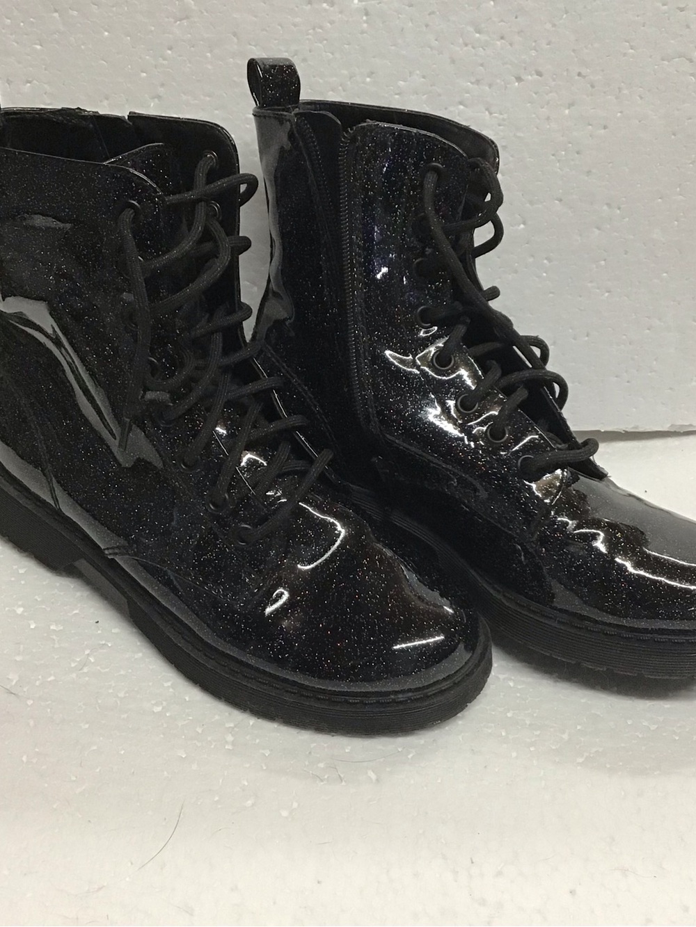 wonder nation Black Glitter Patent Lace-Up Combat Boots with Side Zip